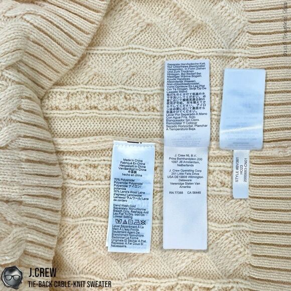 J.CREW TIE-BACK CABLE KNIT SWEATER IN BUTTERCREAM WITH BLACK BOW SLIGHT CROP MED - Picture 9 of 11